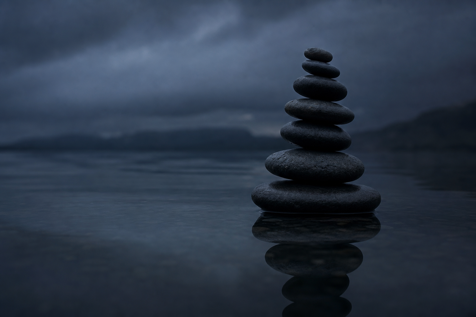 Balanced stones on still water